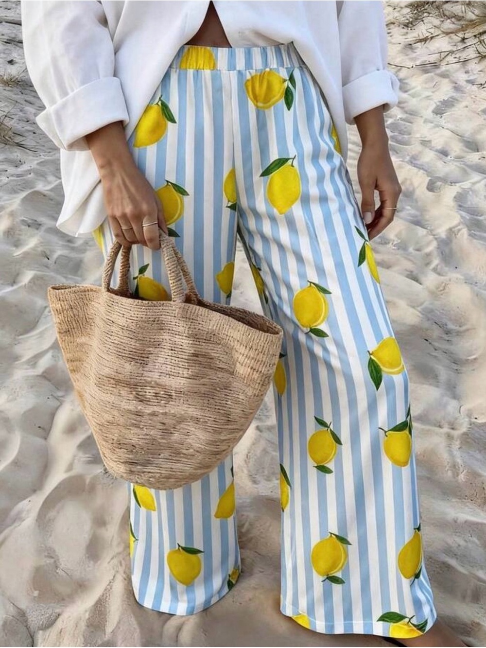 Women’s Lemon-Print Wide Leg Pants - Yellow/Blue